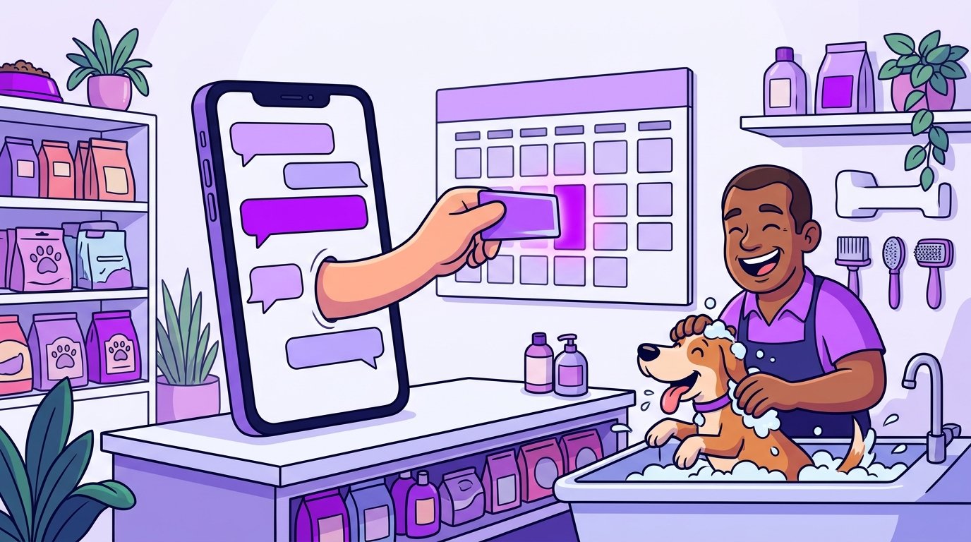 Celular gigante no balcão de uma pet shop encaixando um cartão num calendário de parede, enquanto o dono dá banho num cachorro.