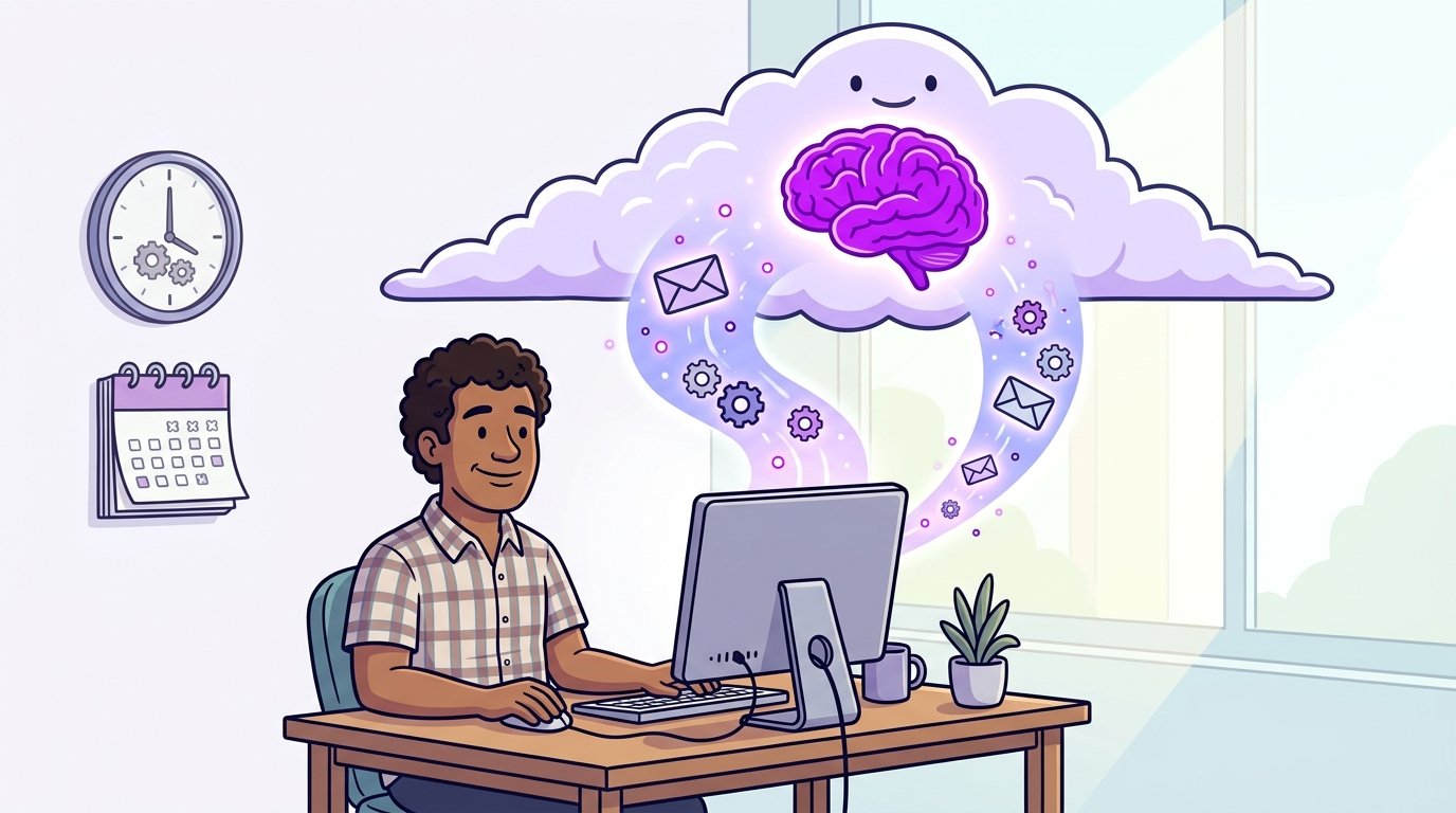 Computador comum ligado por um fio de luz a uma nuvem com um cérebro roxo, trocando pequenos envelopes e engrenagens.