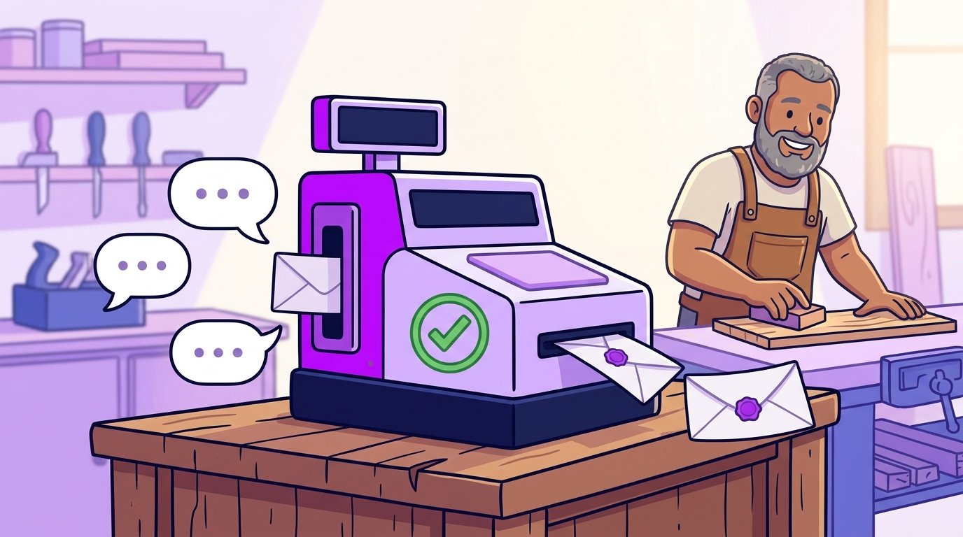 Máquina no balcão de uma marcenaria recebendo balões de conversa e devolvendo envelopes de orçamento com selo roxo.