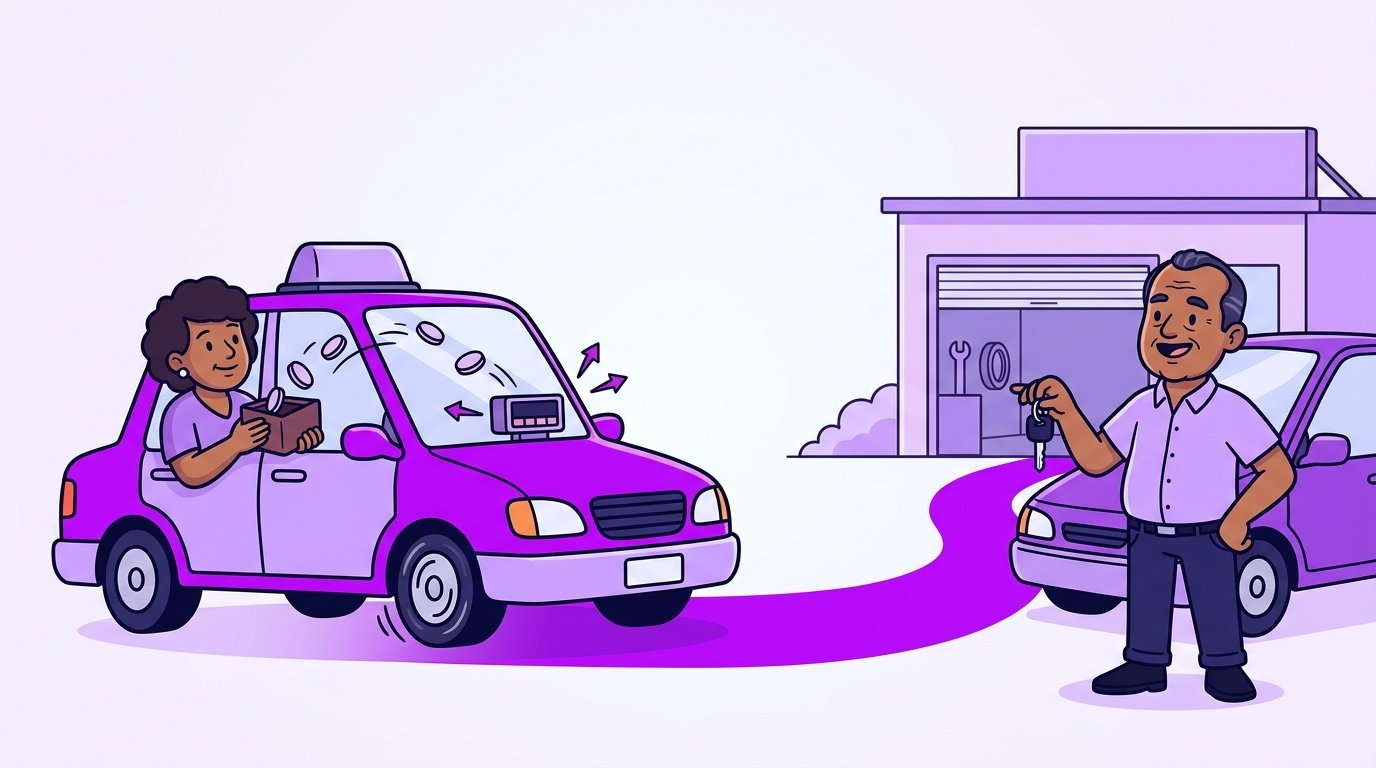 Táxi com taxímetro girando e moedas saindo de um lado; do outro, dono de restaurante segurando a chave do próprio carro.