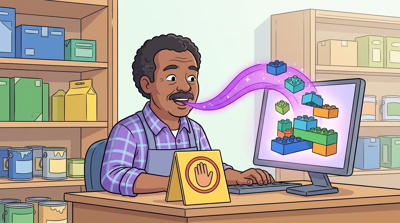Dono de loja de ferragens falando diante do computador; suas palavras viram blocos que se encaixam, ao lado de uma mão amarela de pare.