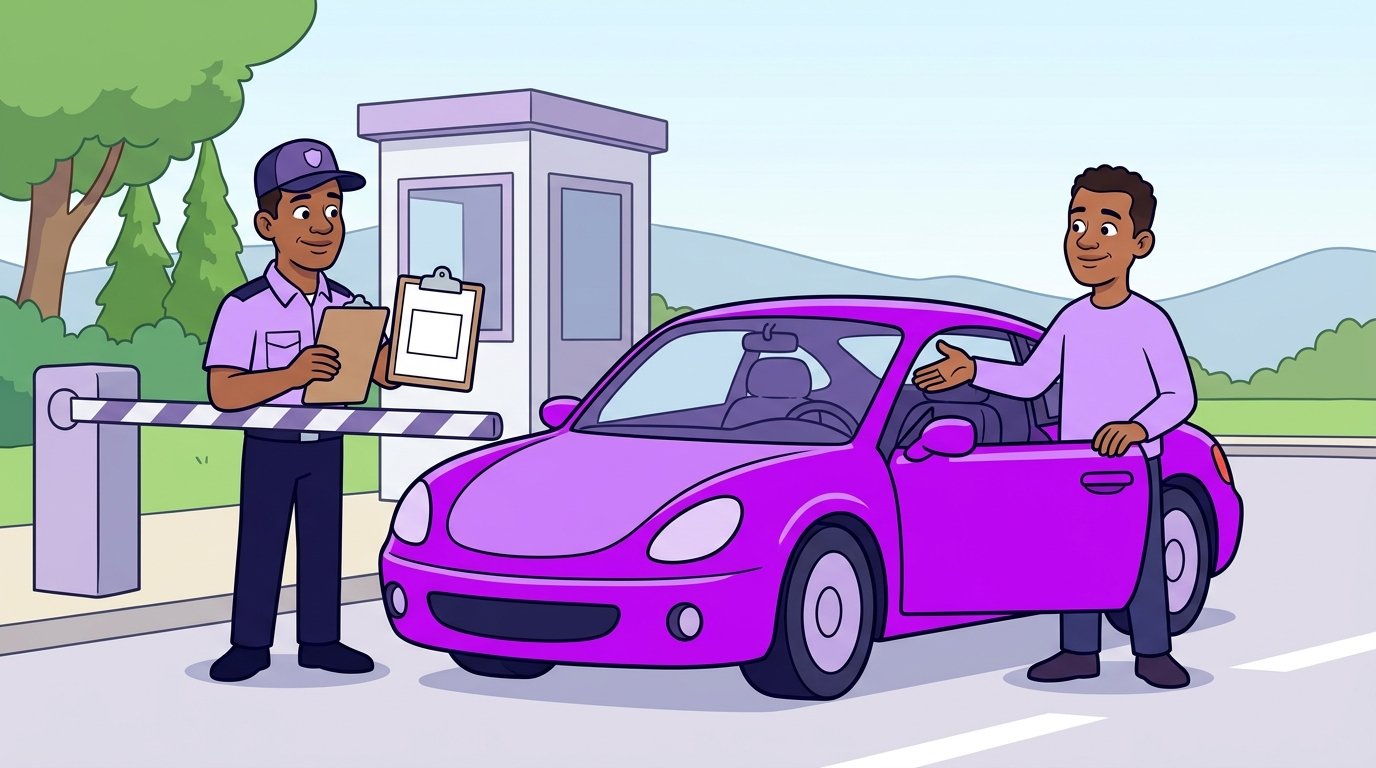 Carro roxo novinho parado numa cancela fechada, com um guarda apontando para um carimbo de autorização que falta.
