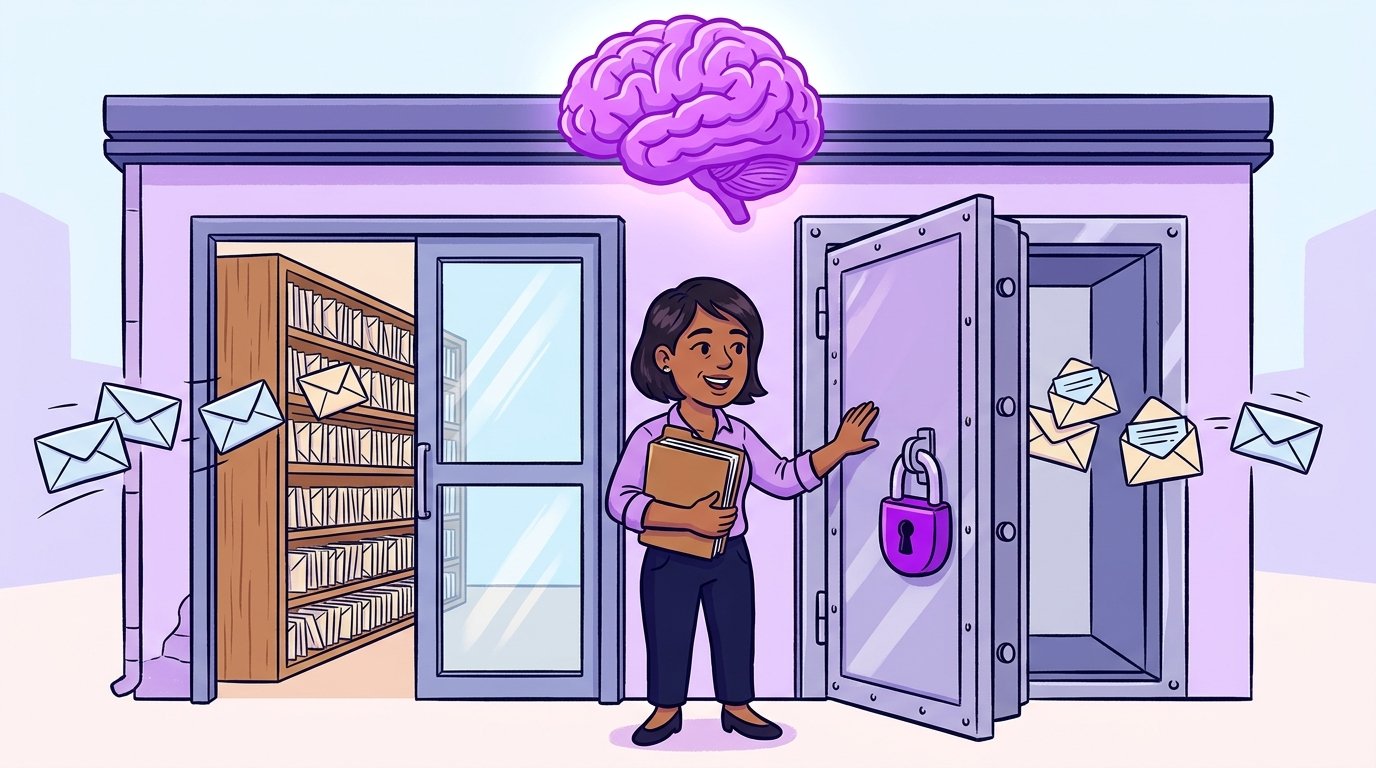 Dona de escritório de contabilidade escolhendo entre uma porta de vidro que guarda envelopes e uma porta de cofre com cadeado roxo.
