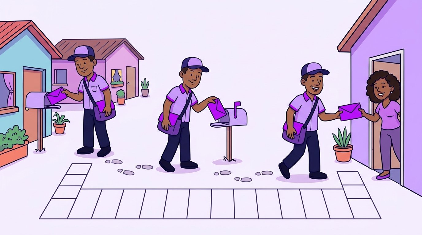 Carteiro entregando envelopes roxos numa casa em intervalos ao longo de um calendário no chão, até o cliente abrir a porta.