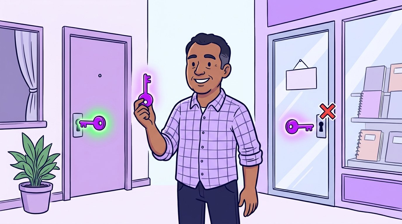 Dono de papelaria com uma chave roxa que abre a porta de casa mas não entra na fechadura da loja ao lado.