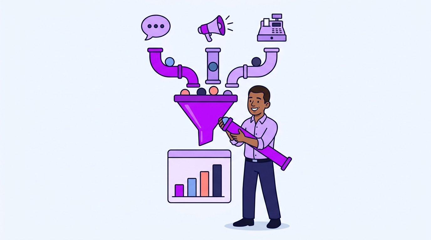 Canos coloridos de redes sociais, anúncios e vendas despejando dados num funil roxo que alimenta um painel; o dono encaixa o último cano.