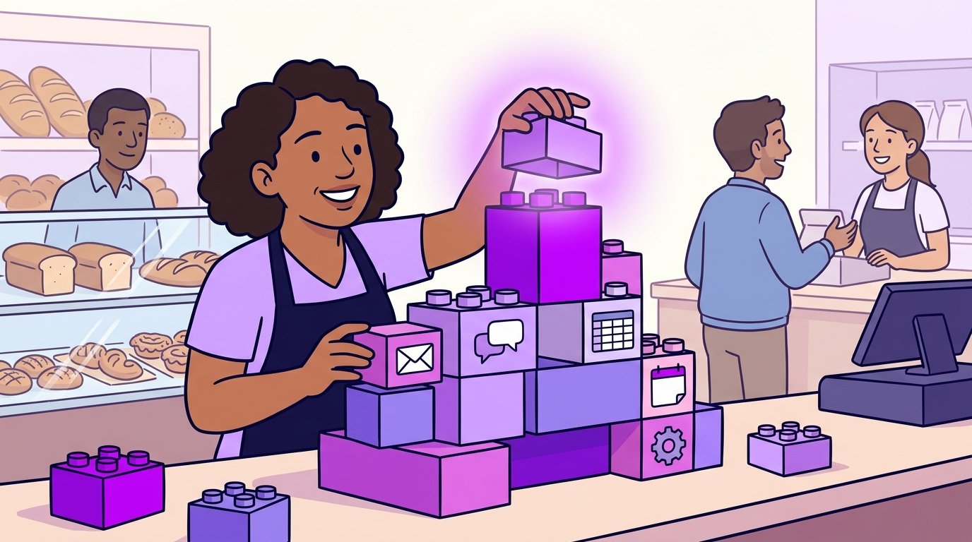 Dona de padaria encaixando blocos de montar coloridos com ícones de e-mail, conversa, planilha, agenda e engrenagem, que acendem em roxo.