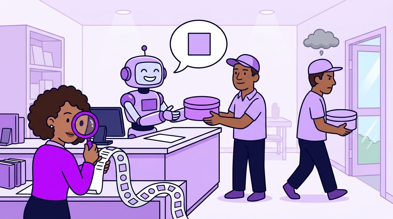 Robô atendente entregando um pacote errado a um cliente que sai calado, enquanto a gerente examina o histórico com uma lupa roxa.