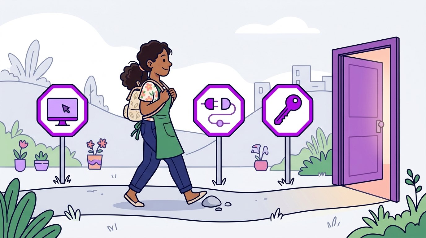 Dona de floricultura caminhando por uma estrada curta com três marcos de computador, plugue e chave, até uma porta roxa aberta.