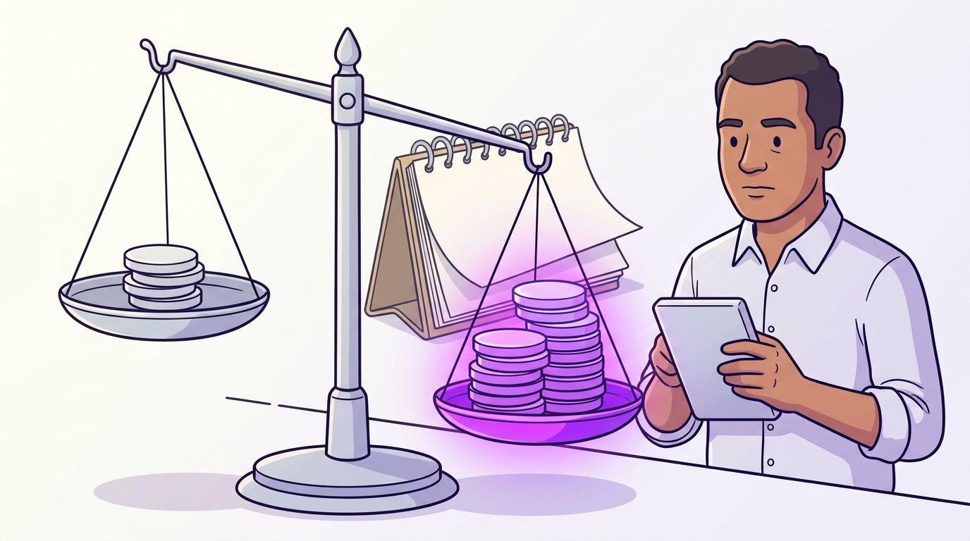 Balança com uma pilha de moedas hoje e o dobro no próximo ano, diante de um calendário virando, e um dono refazendo a conta.