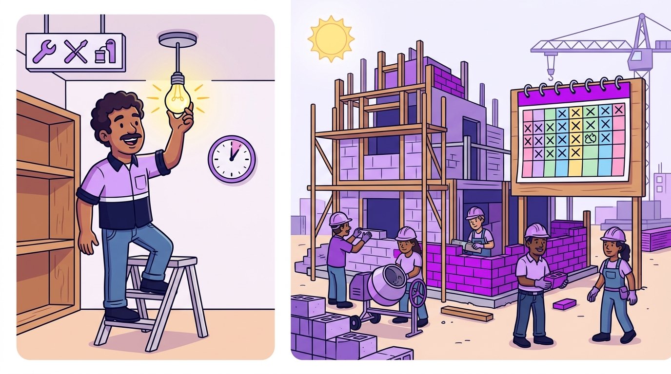 De um lado, homem trocando uma lâmpada que acende na hora; do outro, uma casa em construção com andaimes e um calendário cheio.