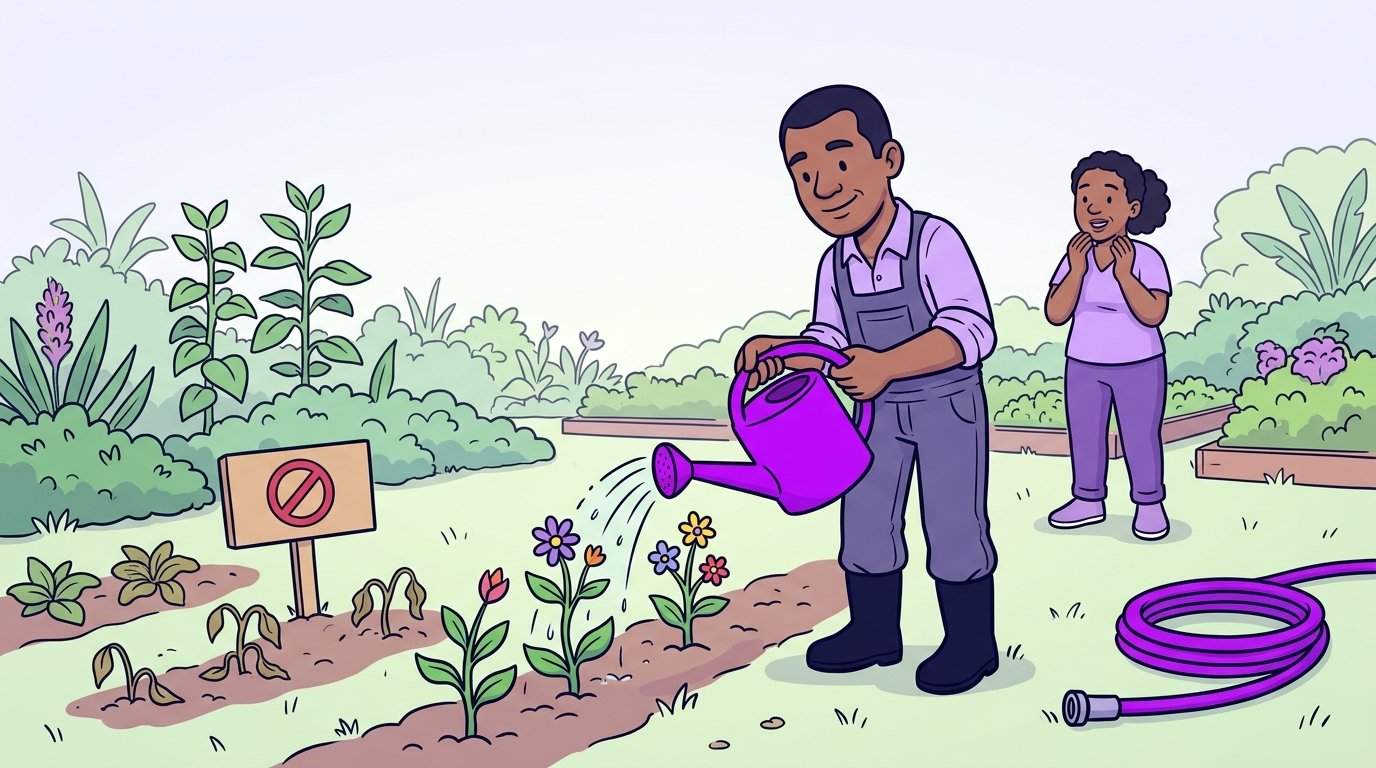 Jardineiro regando plantinhas uma a uma com um regador roxo, com uma mangueira de alta pressão desligada ao lado.
