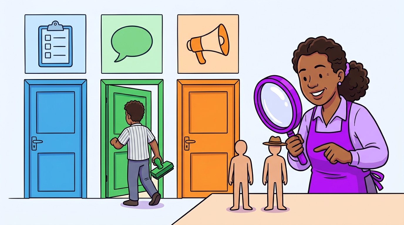 Três portas carimbando cores nas mãos de quem entra; lá dentro, o dono percebe com uma lupa roxa que duas pessoas são a mesma.