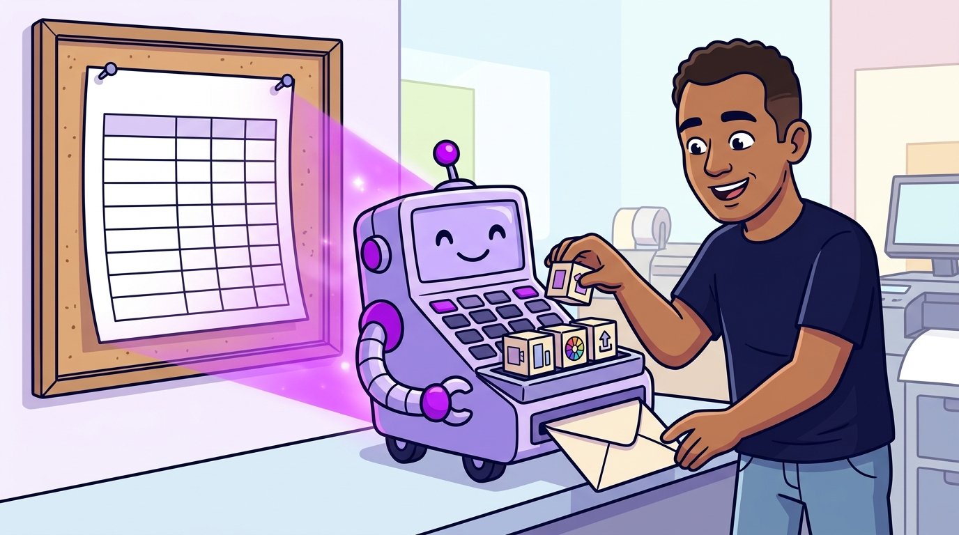 Tabela de preços de papel virando uma calculadora-robô que monta um orçamento, enquanto o dono de uma gráfica escolhe as opções.