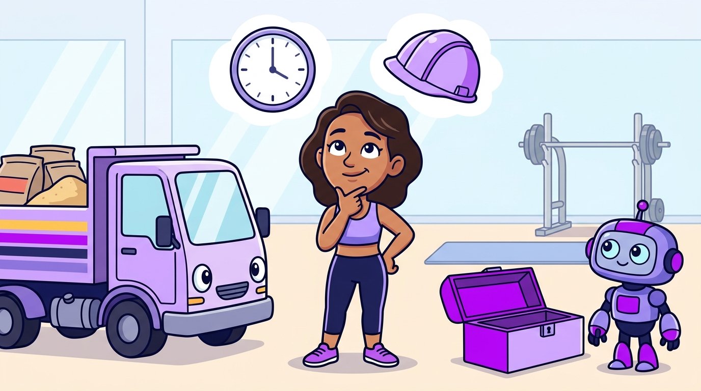 Dona de academia entre um construtor com caminhão de material e uma caixa de ferramentas roxa com um robô ajudante.