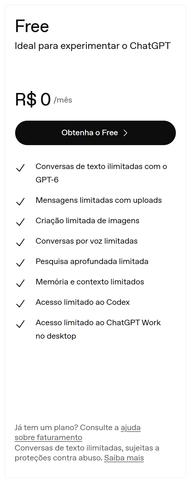 Cartão do plano Free na página oficial de preços do ChatGPT: R$ 0 por mês, conversas de texto ilimitadas e criação de imagens, voz e uploads limitados
