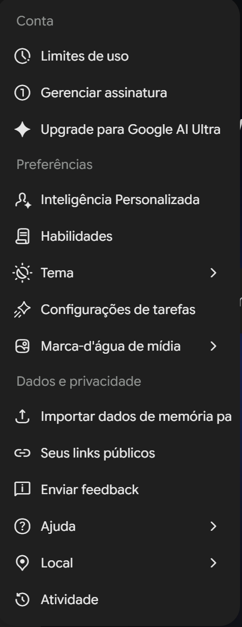 Menu Configurações e ajuda do Gemini no computador, com a opção Atividade no fim da lista