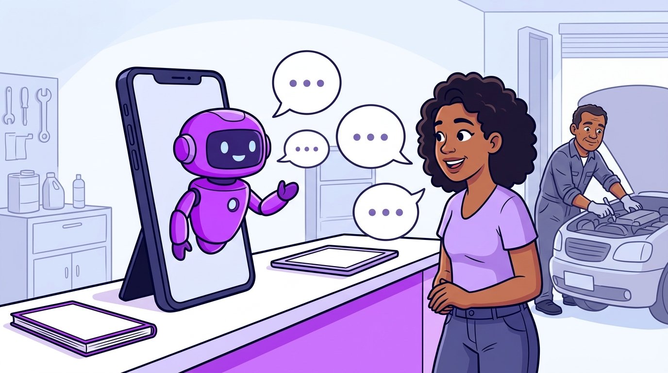 Celular no balcão de uma oficina com um robozinho roxo conversando com uma cliente, enquanto o mecânico trabalha ao fundo.