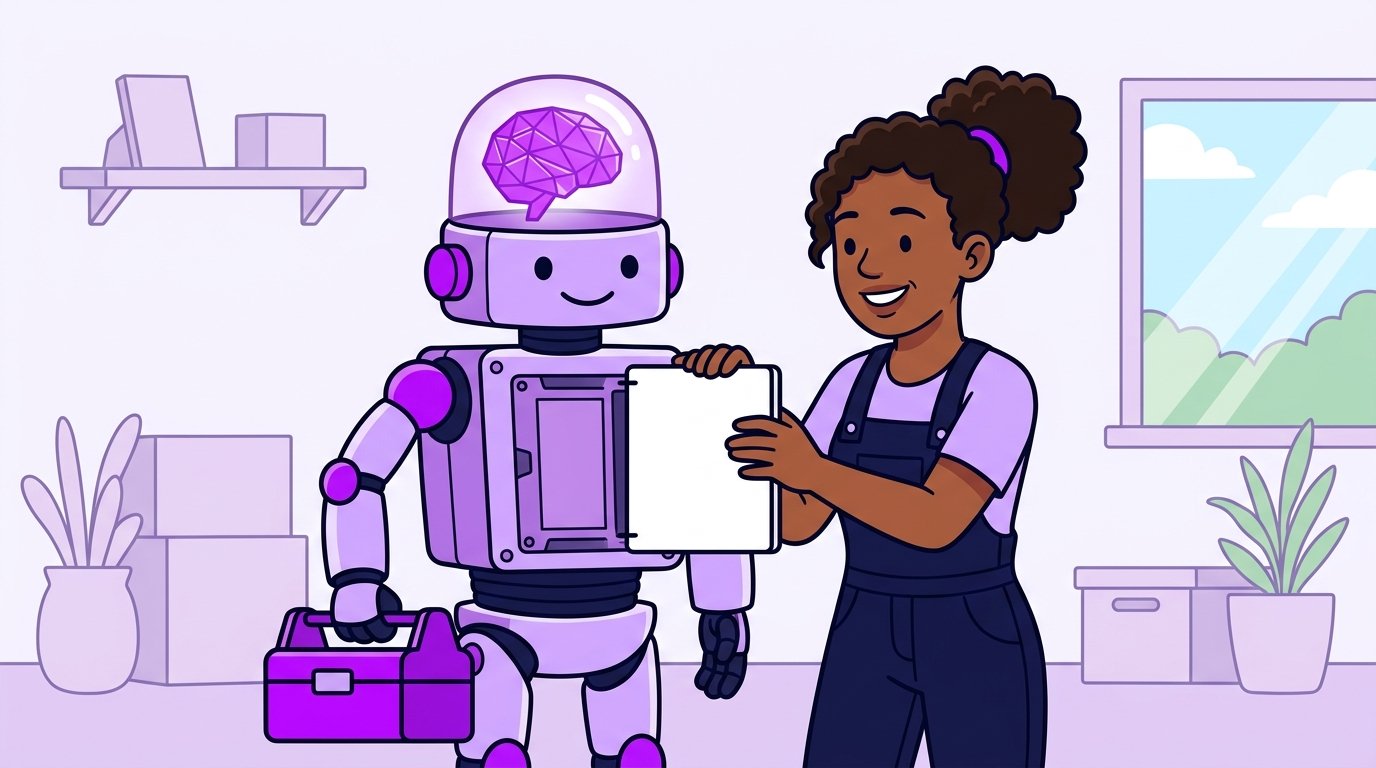 Dona de negócio encaixando a última peça de um robô ajudante com cérebro roxo, caixa de ferramentas e caderno de instruções.